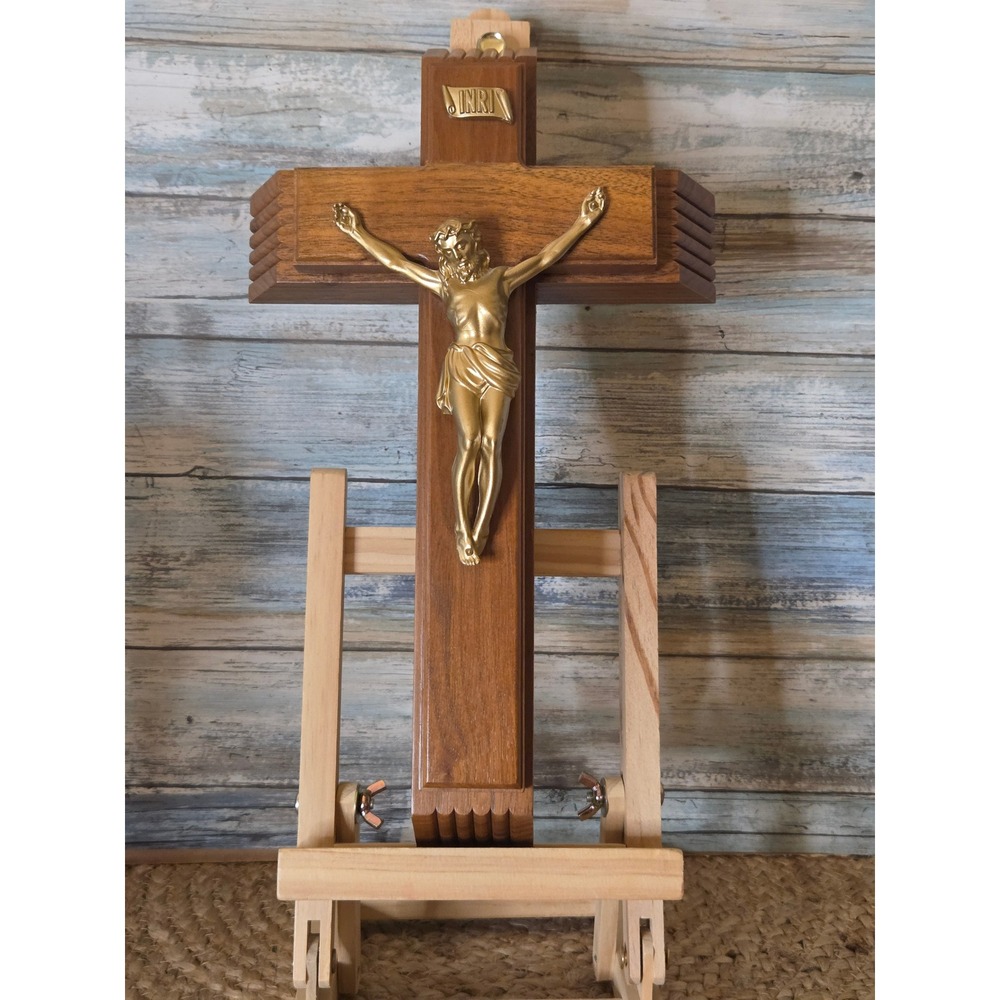 Vintage Wood Sick Call Last Rites Crucifix Set Gold Corpus Holy Water Candles